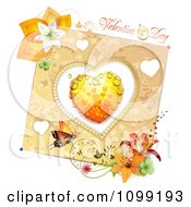 Poster, Art Print Of Valentines Day Greeting Over A Dewy Orange Heart And Floral Butterfly Card