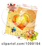 Poster, Art Print Of Valentines Day Greeting Over A Dewy Orange Heart And Floral Card