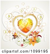 Poster, Art Print Of Dewy Orange Heart With Vines Lilies And A Butterfly