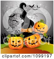 Poster, Art Print Of Three Halloween Jackolanterns With A Full Moon With Bats And A Witch Hat