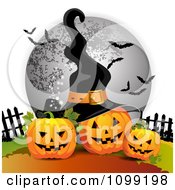 Poster, Art Print Of Three Halloween Jackolanterns Against A Full Moon With Bats And A Witch Hat