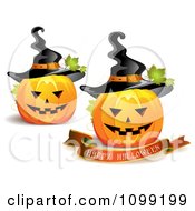 Poster, Art Print Of Happy Halloween Greeting Banner Under Stacked Jackolanterns In A Graveyard With A Candle
