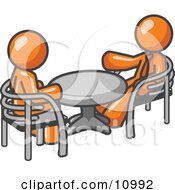 Poster, Art Print Of Two Orange Business Men Sitting Across From Eachother At A Table During A Meeting