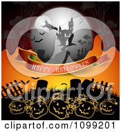Poster, Art Print Of Happy Halloween Banner With Jackolanterns In A Graveyard Witch And Haunted House On Orange