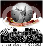Clipart Happy Halloween Banner With Jackolanterns In A Graveyard Witch And Haunted House On Red And White Royalty Free Vector Illustration by merlinul