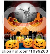Poster, Art Print Of Happy Halloween Banner With Jackolanterns In A Graveyard Witch And Haunted House On Orange Rays