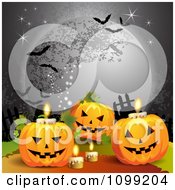Poster, Art Print Of Halloween Jackolanterns With Candles Under A Full Moon With Bats
