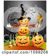 Poster, Art Print Of Stacked Halloween Jackolanterns Against A Full Moon With Bats And A Witch Hat