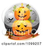 Poster, Art Print Of Happy Halloween Greeting Banner Under Stacked Jackolanterns In A Graveyard With A Candle