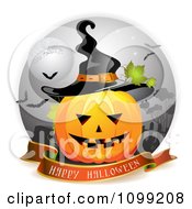 Happy Halloween Greeting Banner Under A Jackolantern In A Graveyard With A Witch Hat