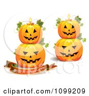 Poster, Art Print Of Happy Halloween Greeting Banner With Stacked Pumpkins And Candles