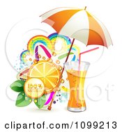 Background Of Natural Orange Juice Or Soda With An Umbrella Slice And Colorful Rainbows And Stars