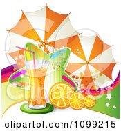 Poster, Art Print Of Background Of Orange Juice Or Soda With Umbrellas Slices And A Colorful Star