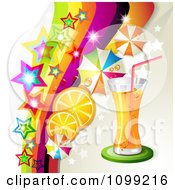 Poster, Art Print Of Background Of An Orange Drink With Slices Umbrellas Stars And A Rainbow