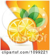 Poster, Art Print Of Background Of Orange Slices With Sparkles Dew Leaves And Waves