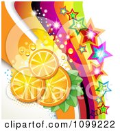 Poster, Art Print Of Background Of Orange Slices With Sparkling Stars And Rainbow Waves