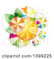 Poster, Art Print Of Orange Slice With Leaves Dew And Colorful Umbrellas Over Halftone