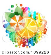 Poster, Art Print Of Orange Slice With An Umbrella Leaves Dew And Rainbow Stripes