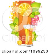 Poster, Art Print Of Tall Glass Of Orange Drink With A Halftone Panel Of Slices Leaves And Dots