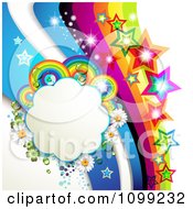 Poster, Art Print Of Background Of A Rainbow Swoosh With Colorful Stars And A Floral Cloud Frame