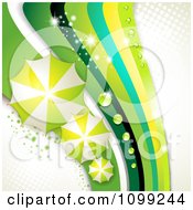 Poster, Art Print Of Background Of Green Umbrellas And Sparkly Waves With Dew On White And Halftone