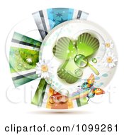 Clipart St Patricks Day Ribbon Circle With A Dewy Shamrock And Butterfly 1 Royalty Free Vector Illustration