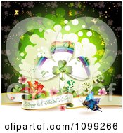 Clipart Happy St Patricks Day Greeting With A Butterfly Flowers And Shamrocks Royalty Free Vector Illustration
