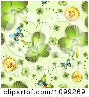 Clipart Seamless St Patricks Day Background Pattern Of Shamrocks Coins And Butterflies Royalty Free Vector Illustration