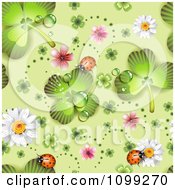Poster, Art Print Of Seamless St Patricks Day Background Pattern Of Shamrocks Ladybugs Blossoms And Daisies