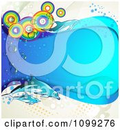 Poster, Art Print Of Background Of Dolphins With Rainbow Circles And A Blue Wave Over Dots