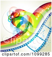 Poster, Art Print Of Rainbow Wave With Flares Over A Blue Film Strip With Bubbles
