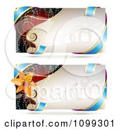 Poster, Art Print Of Beige And Red Swirl Website Banners With Gold Swirls Blue Ribbons And A Lily Flower