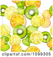 Poster, Art Print Of Seamless Background Pattern Of Orange Kiwi And Lemon Slices With Leaves