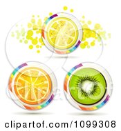 Orange Kiwi And Lemon Slice Icons With Rainbow Stripes And Dots