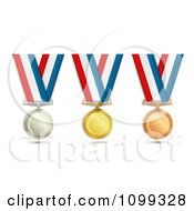 3d Silver Gold And Bronze Award Medals On Red White And Blue Ribbons