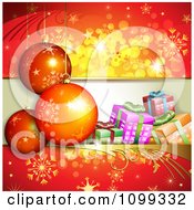 Poster, Art Print Of Red Background Of 3d Christmas Baubles With Gift Boxes And Snowflakes