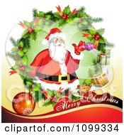 Poster, Art Print Of Merry Christmas Greeting With Santa In A Holly Wreath