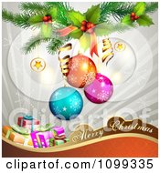 Clipart Merry Christmas Greeting With 3d Gifts Baubles Holly And Snowflakes Royalty Free Vector Illustration by merlinul