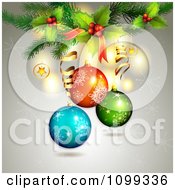 Poster, Art Print Of Background Of 3d Christmas Baubles Over Gray With Snowflakes And Holly