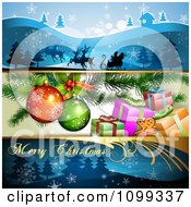 Poster, Art Print Of Three Christmas Banners Of Santa And His Sleigh Presents Under The Tree And A Greeting