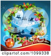 Poster, Art Print Of Merry Christmas Greeting With Santa Flying His Sleigh In A Wreath