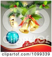 Poster, Art Print Of Merry Christmas Greeting With 3d Jingle Bells Holly Bauble And Snowflakes