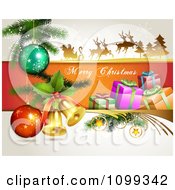 Poster, Art Print Of Merry Christmas Greeting With Santa Flying His Sleigh 3d Bells Gifts And Baubles