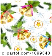 Poster, Art Print Of Seamless Christmas Background Of 3d Stars Holly And Bells With Snowflakes