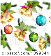 Poster, Art Print Of Seamless Christmas Background Of 3d Baubles Holly And Bells With Snowflakes