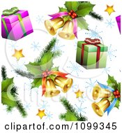 Poster, Art Print Of Seamless Christmas Background Of 3d Stars Holly Gifts And Bells With Snowflakes