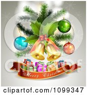 Poster, Art Print Of Merry Christmas Banner Under 3d Gifts Jingle Bells Holly And Ornaments With Snowflakes