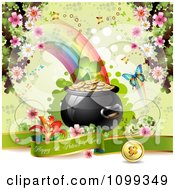 Poster, Art Print Of Happy St Patricks Day Greeting With A Pot Of Gold Shamrock Butterfly And Blossoms