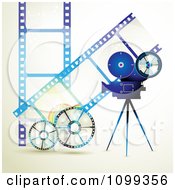 Blue Movie Camera Filming Over Negative Film Strips And Reels