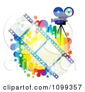Poster, Art Print Of Blue Movie Camera Filming Over Negative Film Strips And Rainbow Splatter